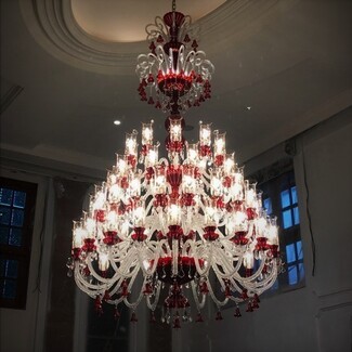 Chandelier with Cylindrical Hurricane Shades & Multi Tier Glass