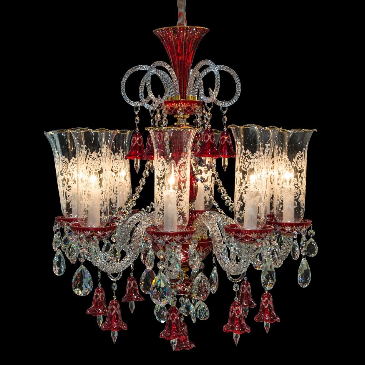 Chandelier with Etched Hurricane Shades & Red Glass Bells