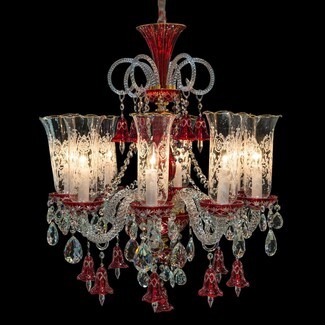 Chandelier with Etched Hurricane Shades & Red Glass Bells