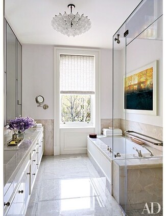 Chandelier with Glass Petal Fixture and Veined Stone Surround
