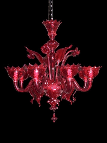 Chandelier with Leaf Scrolls & Classic Rosso Murano Style