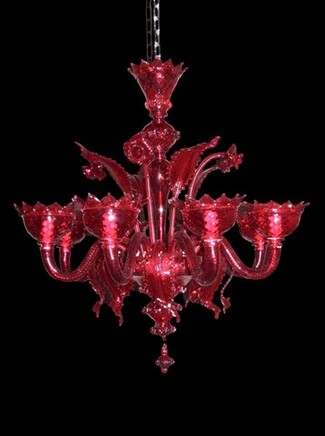 Chandelier with Leaf Scrolls & Classic Rosso Murano Style