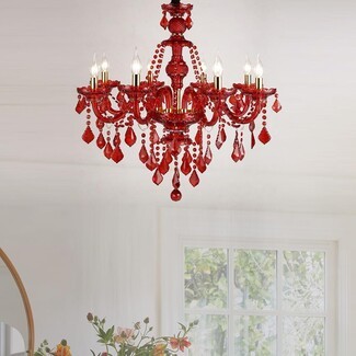 Chandelier with Red Teardrop Pendants & 6-Light French Style