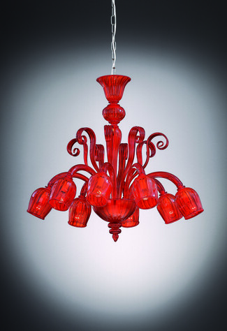 Chandelier with Ribbed Tulip Shades in Venetian Glass