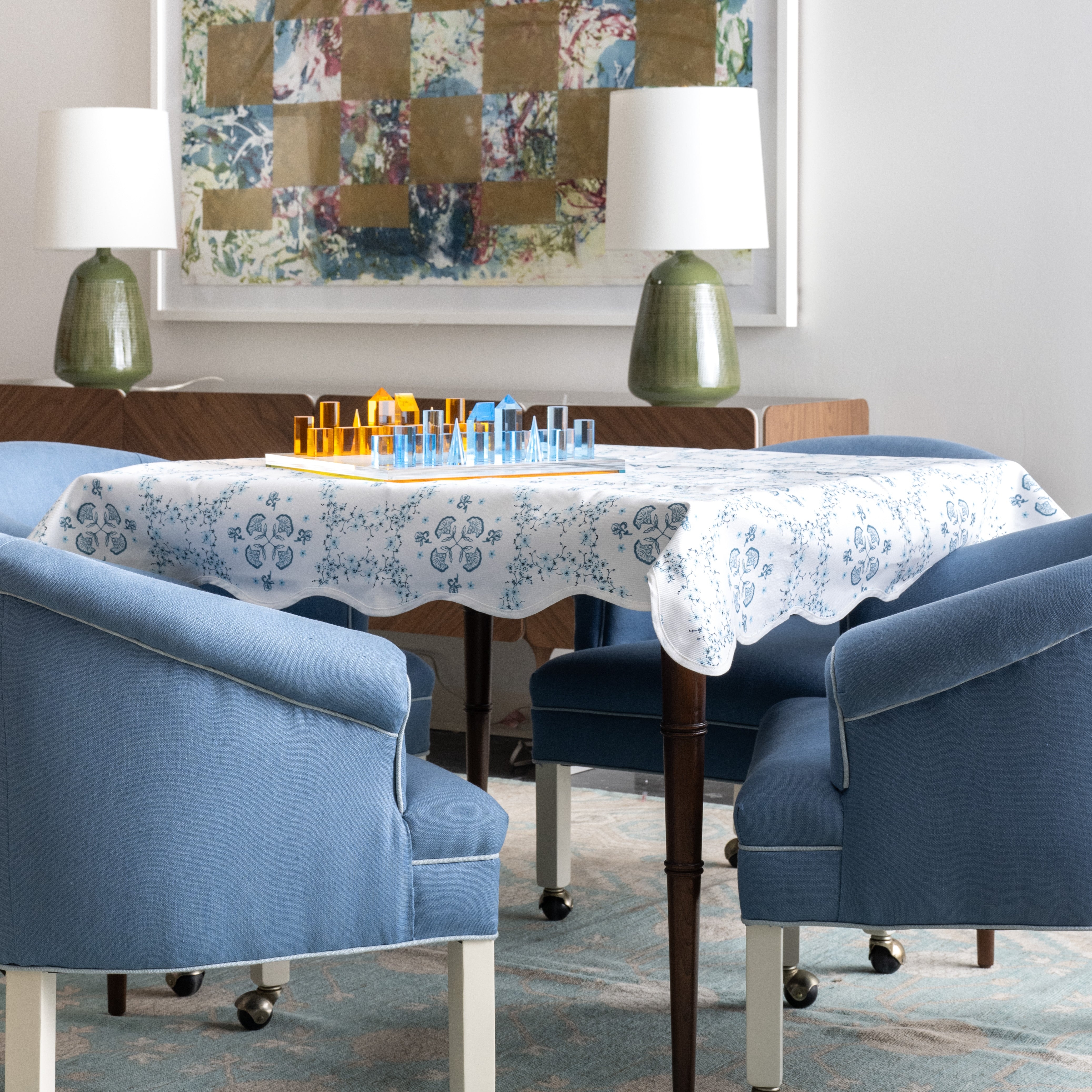 Chess Set with Acrylic Geometric Pieces and Floral Linen