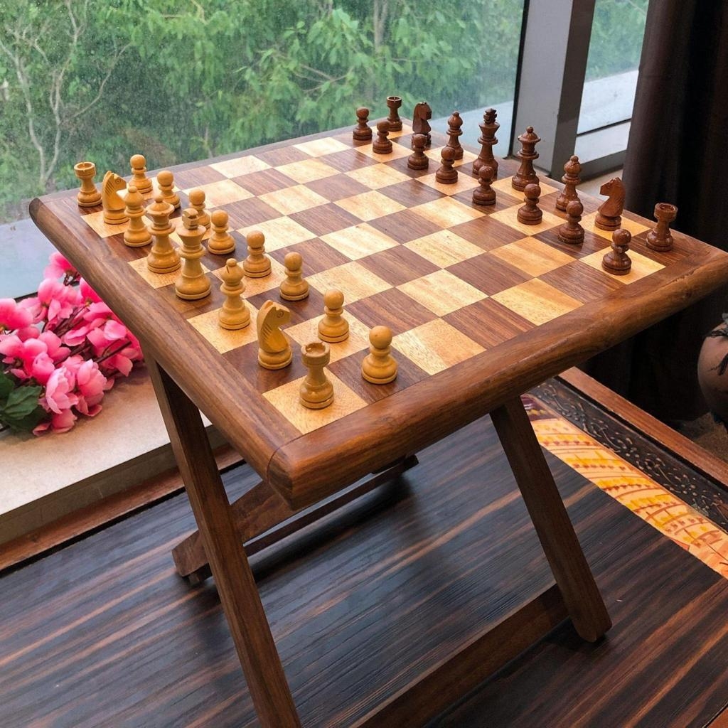 Chess Table Portable Design with Inlaid Wood Board Surface