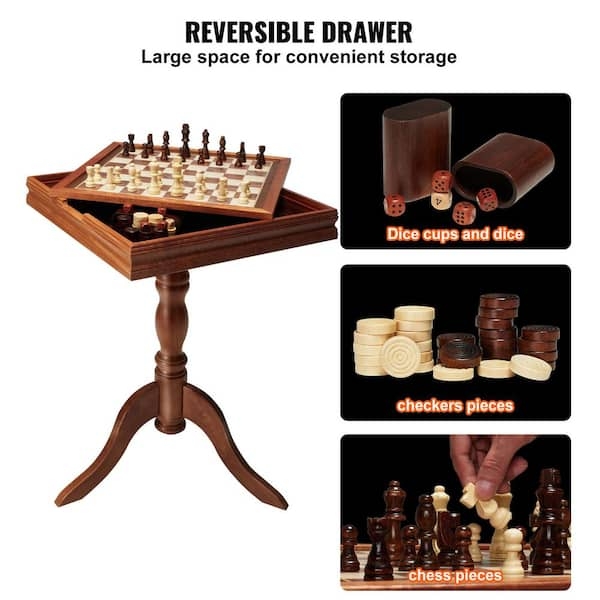 Chess Table Reversible Top Design and Wood Checkers Set