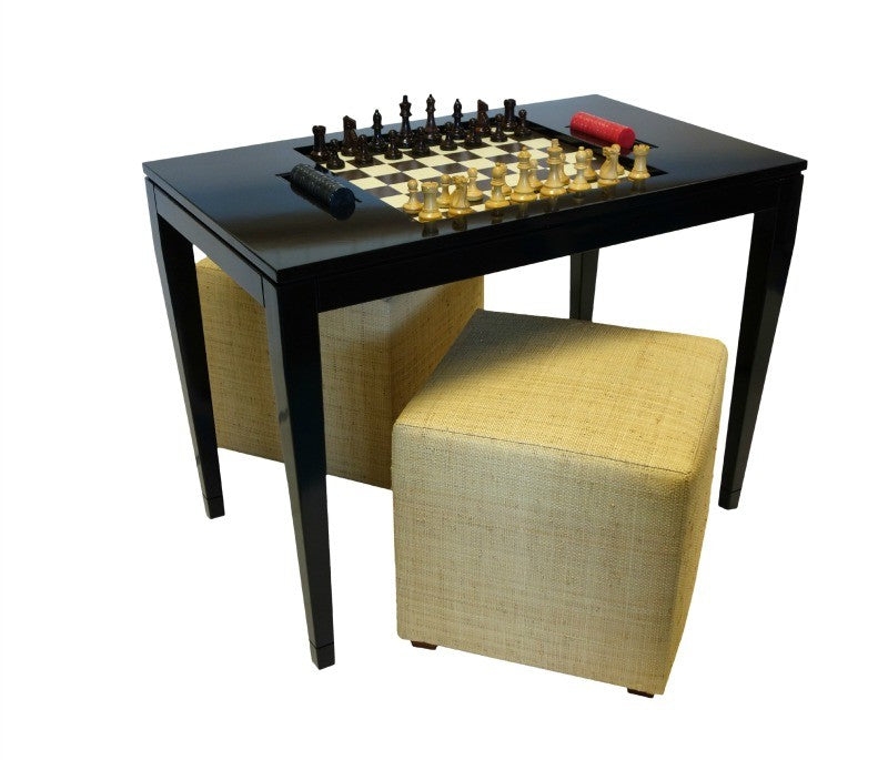 Chess Table Set in High Gloss Lacquer with Woven Stools