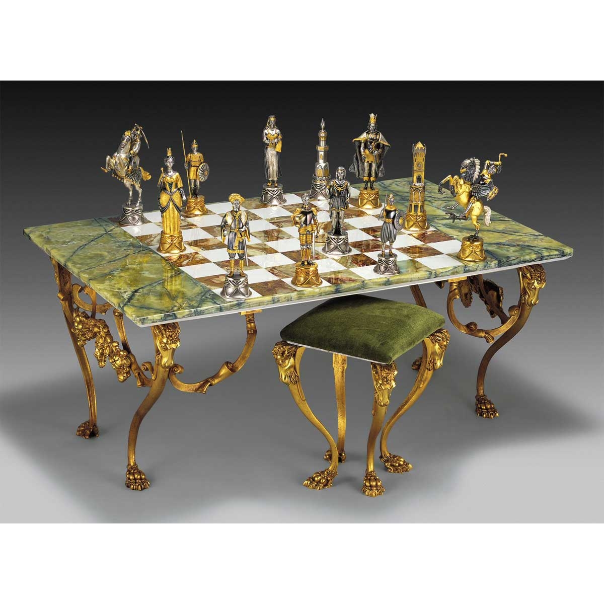 Chess Table Set Marbled Green Surface and Lion Motif Legs