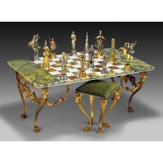 Chess Table Set Marbled Green Surface and Lion Motif Legs