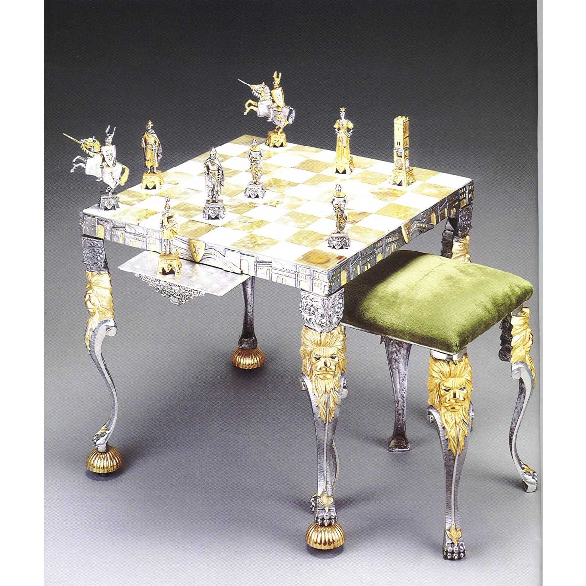 Chess Table Set with Lion Head Motifs and Duo-Tone Metal