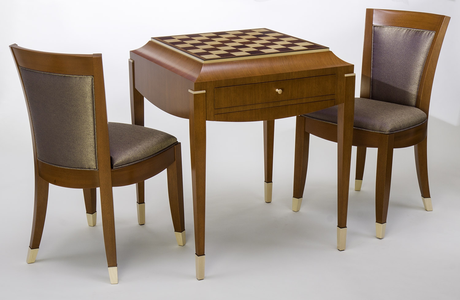 Chess Table Set with Metallic Leg Caps and Art Deco Style