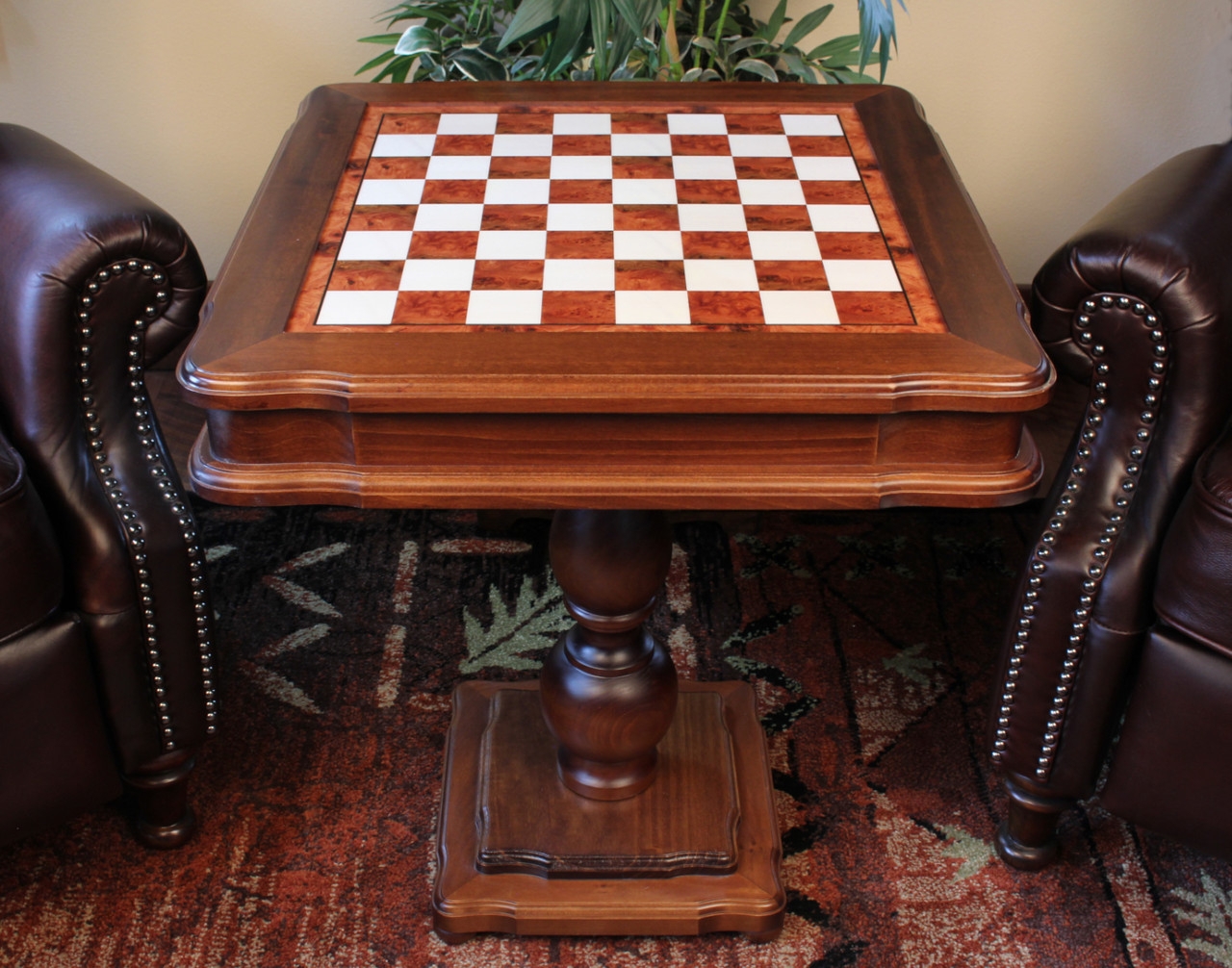 Chess Table with Burl Wood Veneer and Inlaid Pedestal Base
