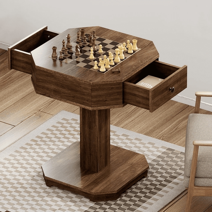 Chess Table with Dual Storage Drawers and Octagonal Wood Top