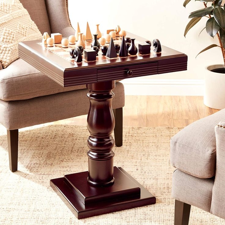 Chess Table with Geometric Set and Wood Storage Drawer