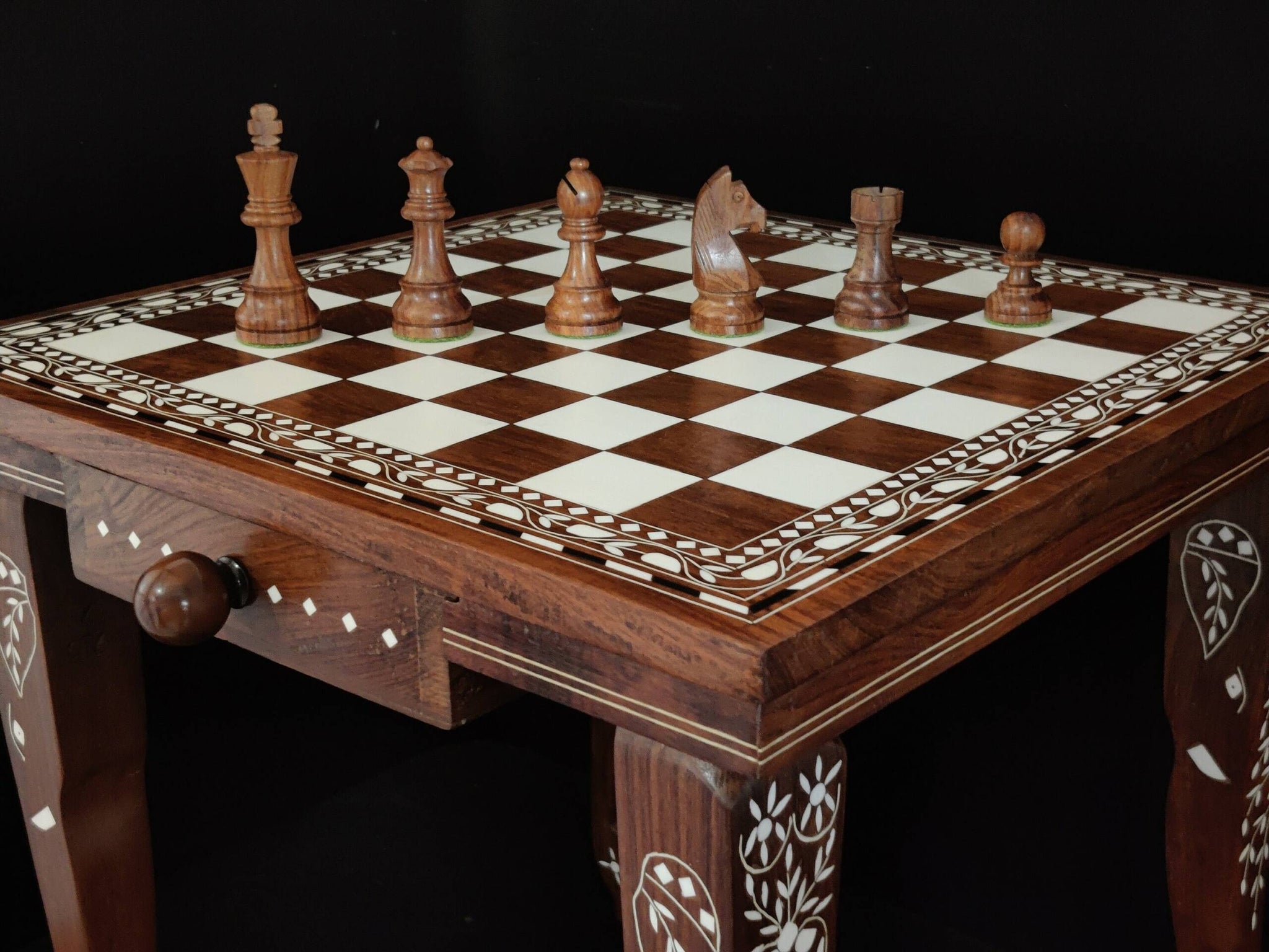 Chess Table with Intricate Floral Inlay and Storage Drawer