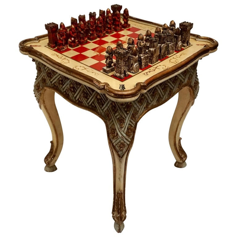 Chess Table with Lattice Carvings and Hand Painted Pieces