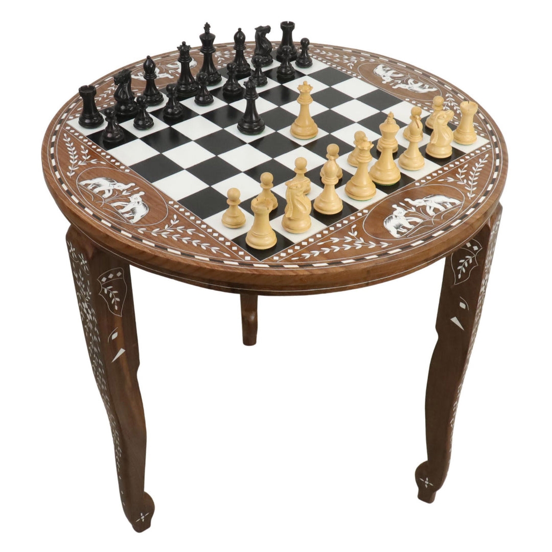 Chess Table with Ornate Elephant Inlays and Tripod Base