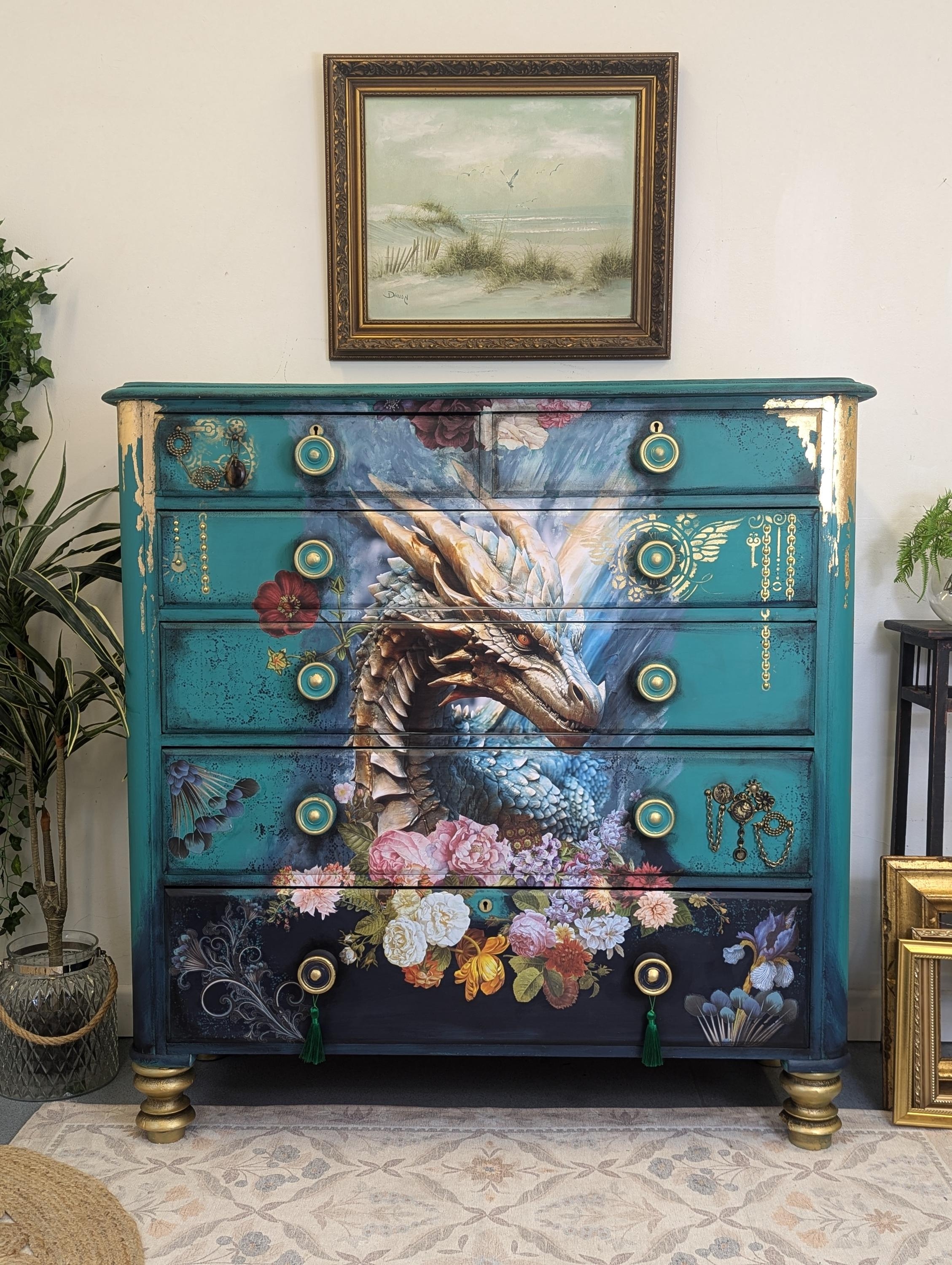 Chest Of Drawers Dragon Mural Maximalist Teal Dresser