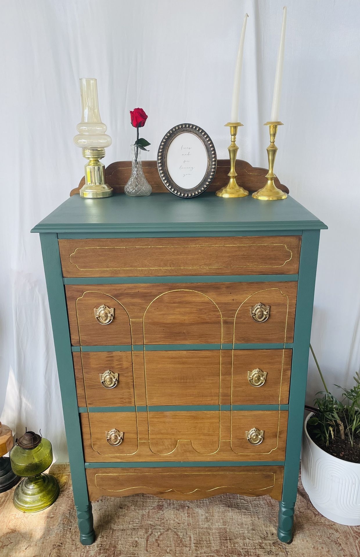 Chest Of Drawers Forest Green Gold Pinstriping Antique Chest