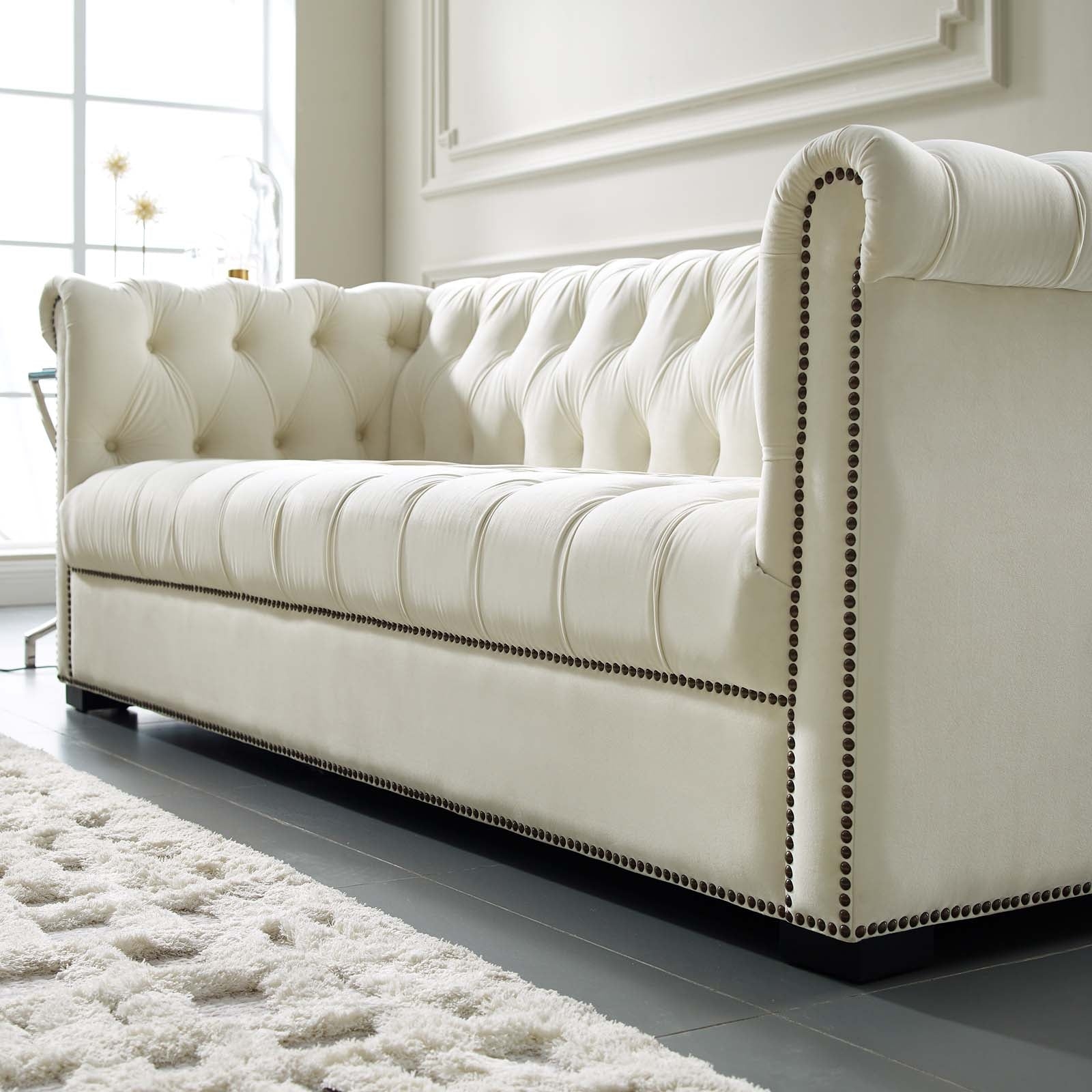 Chesterfield Sofa with Channel Tufted Seat and Ivory Couch