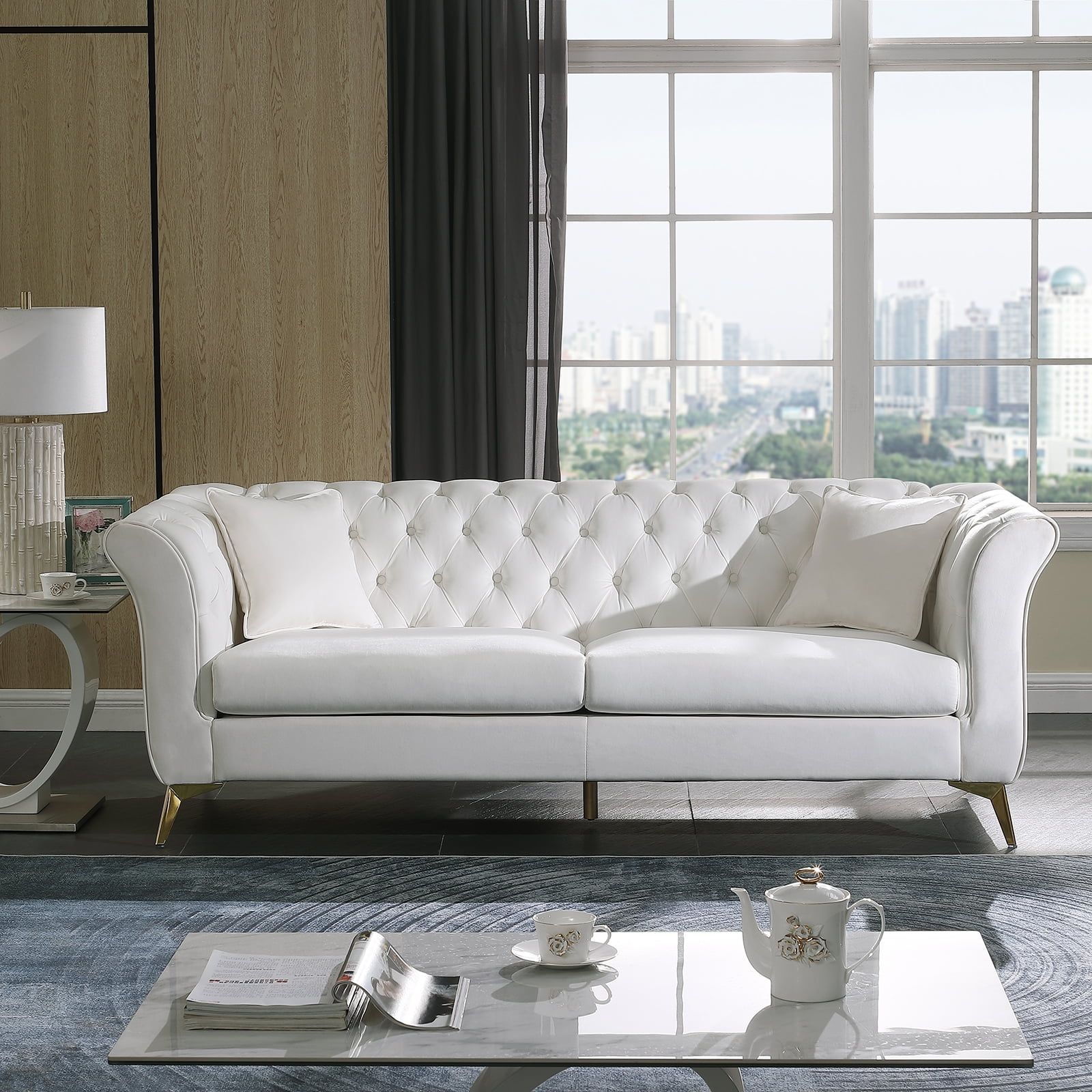 Chesterfield Sofa with Gold Metal Legs and White Couch