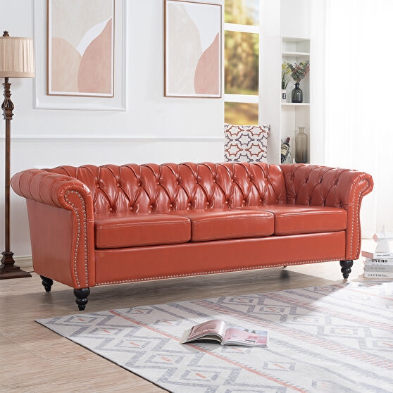 Chesterfield Sofa with Pumpkin Orange Deep Button Tufting