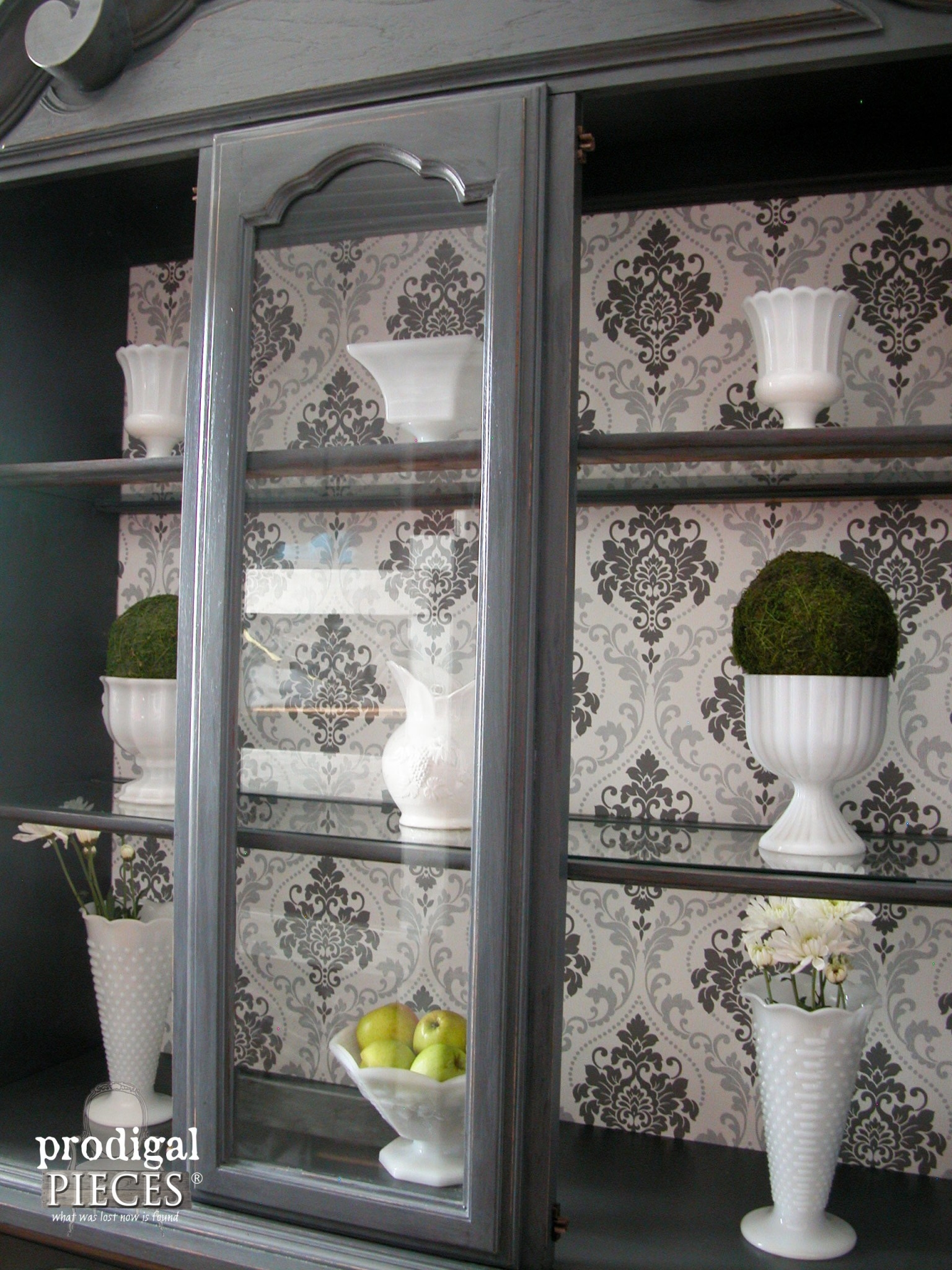 China Cabinet Charcoal Gray Damask Pattern Back