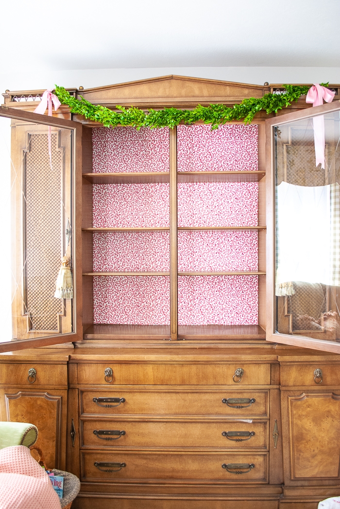 China Cabinet Walnut Red Patterned Wallpaper Back Hutch