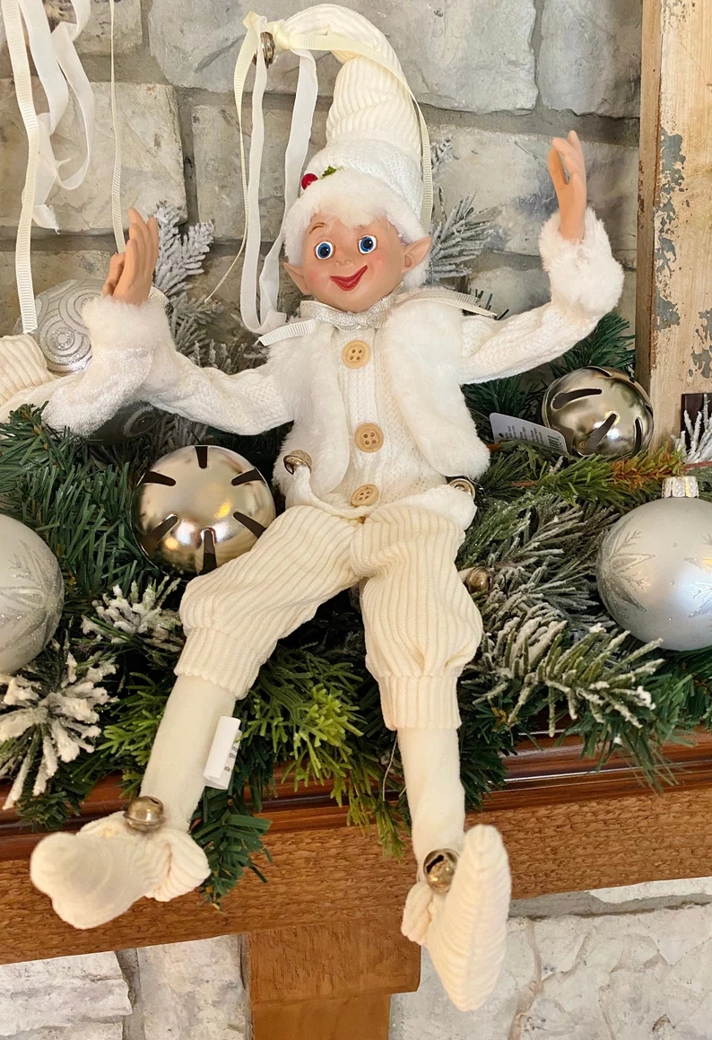 Christmas Elf Figurine Monochromatic White Design with Knit Textures