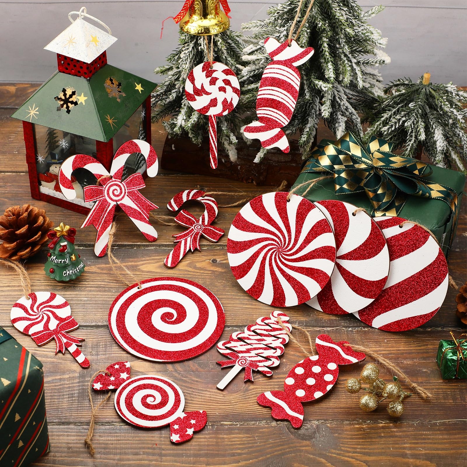 Christmas Ornament: Glitter Peppermint Swirl Wood Toned Decor