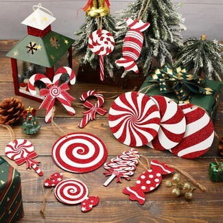 Christmas Ornament: Glitter Peppermint Swirl Wood Toned Decor
