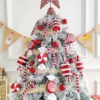 Christmas Ornament Set: Flocked Tree Contrast Striped Candy Decor