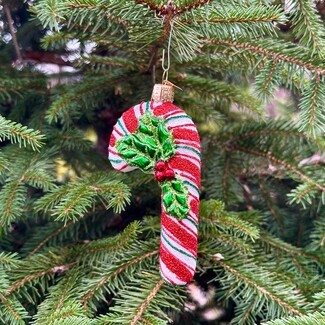 Christmas Ornament: Sugar Coated Holly Leaf Accent Candy Cane