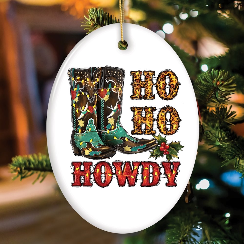 Christmas Ornament with Leopard Print Accents and Howdy Typography