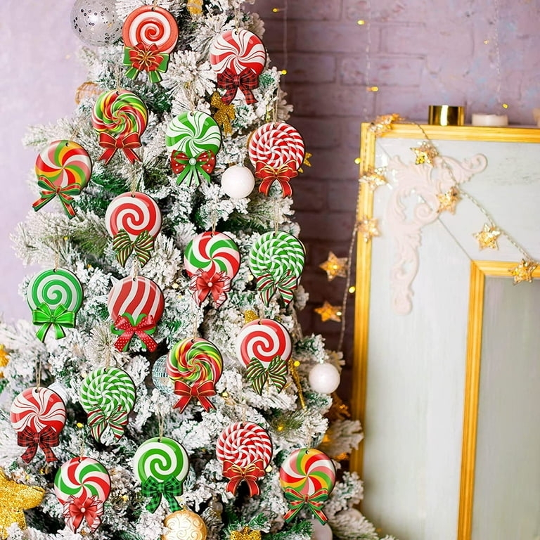 Christmas Ornaments: Wood Cutouts with Colorful Bows Peppermint