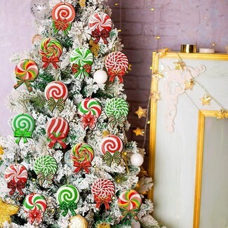Christmas Ornaments: Wood Cutouts with Colorful Bows Peppermint