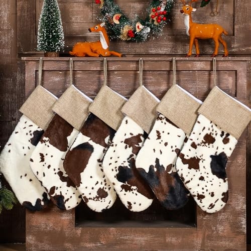 Christmas Stockings with Cowhide Print and Burlap Cuffs