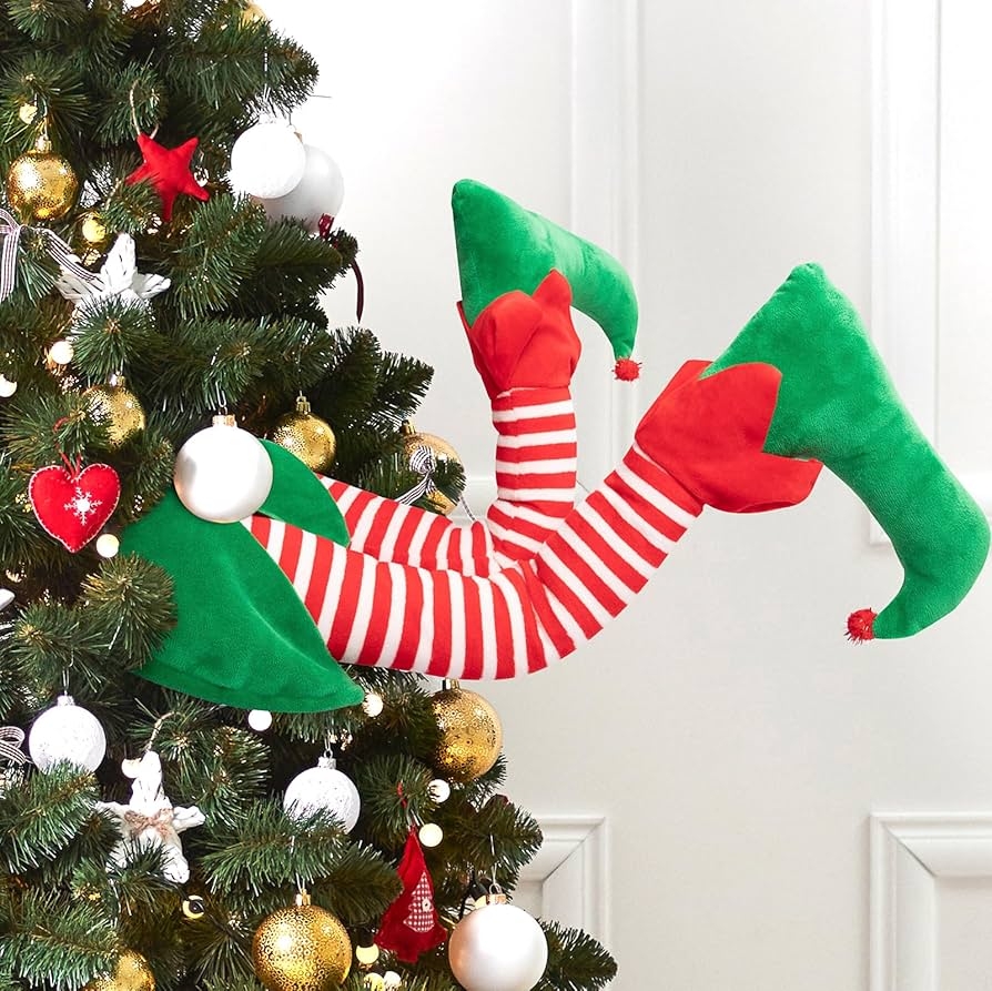 Christmas Tree Topper Stuck Elf Theme with Striped Holiday Legs