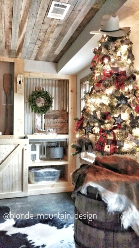 Christmas Tree with Cowboy Hat Topper and Corrugated Metal Wall