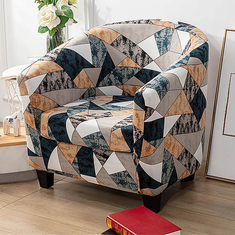 Club Chair Cover with Geometric Triangle Print in Teal Ochre