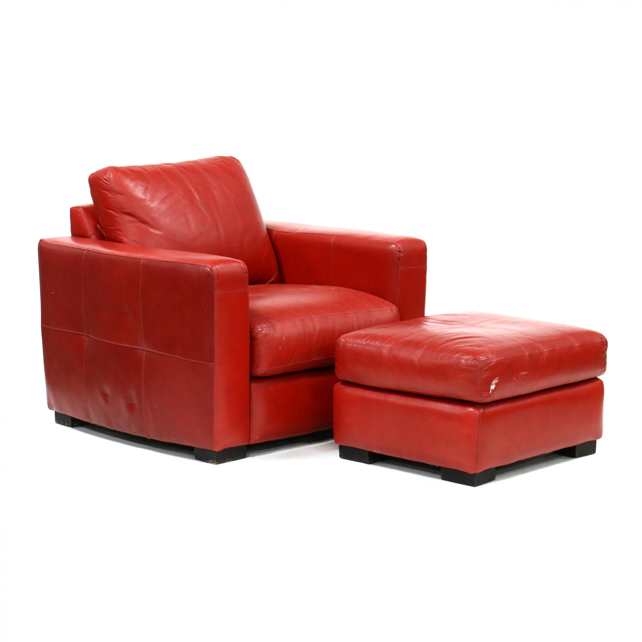 Club Chair Ottoman Bold Red Leather Track Arm Seating