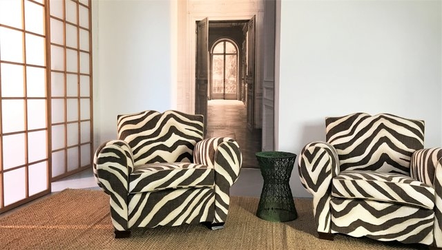Club Chair Rolled Arms Camelback Silhouette Vintage Zebra Print