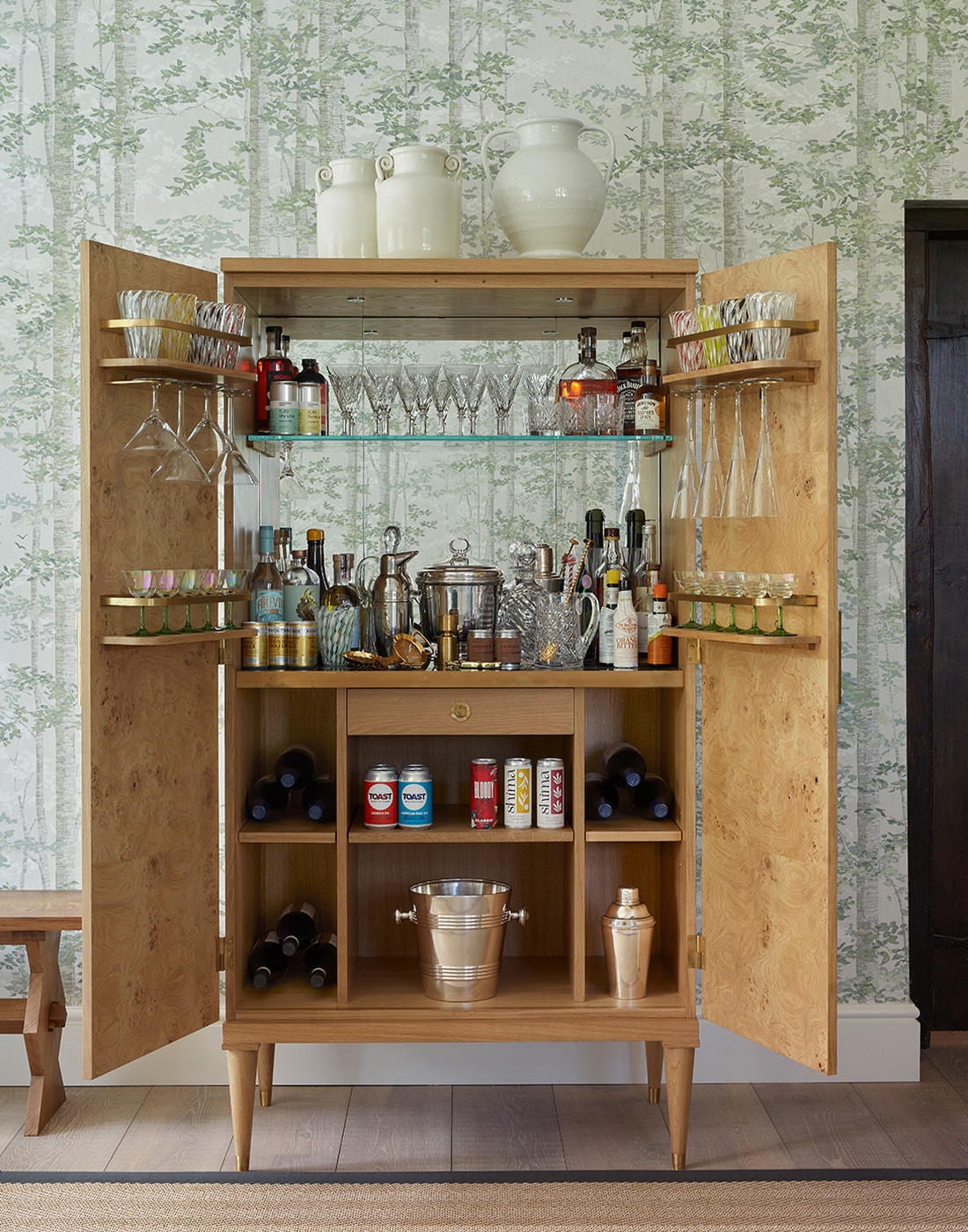 Cocktail Cabinet with Burl Veneer Doors and Tapered Legs