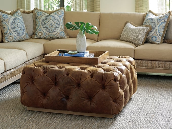 Cocktail Ottoman: Plinth Base Cognac Tufted Leather Ottoman