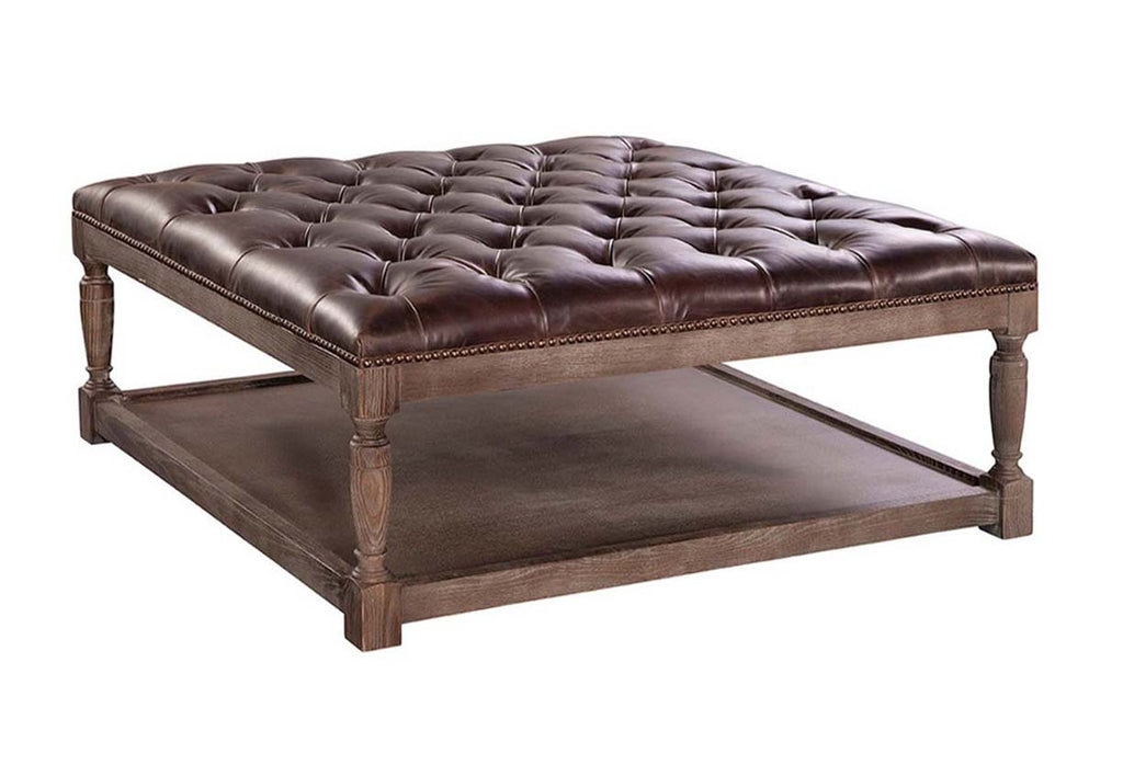 Cocktail Ottoman: Rustic Leather Top with Storage Base