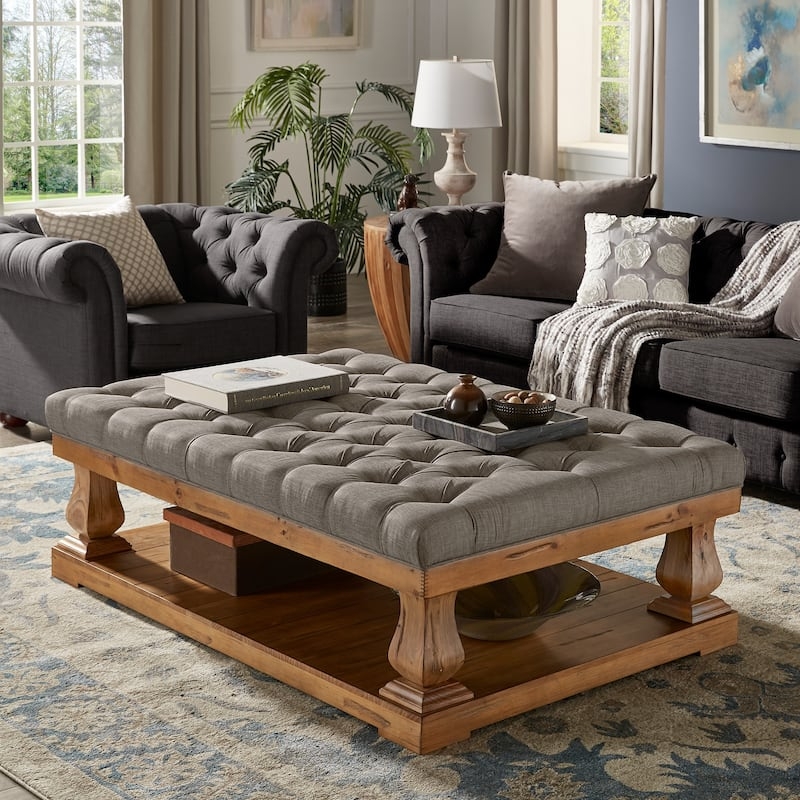 Cocktail Ottoman: Slate Grey Tufted with Baluster Legs