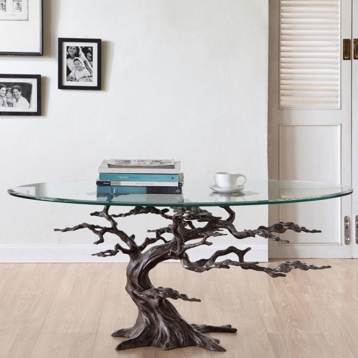 Coffee Table: Aged Bronze Branch Table with Oval Glass Top