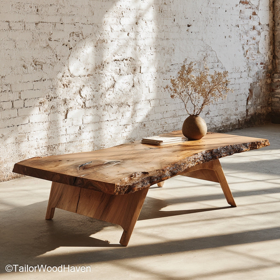 Coffee Table: Angled Legs Rustic Slab Coffee Table with Matte Finish