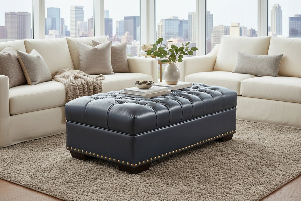 Coffee Table Bench: Slate Blue Leather Diamond Tufting